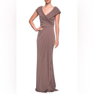 La Femme Ruched Jersey Column Gown in Cocoa, Size 18